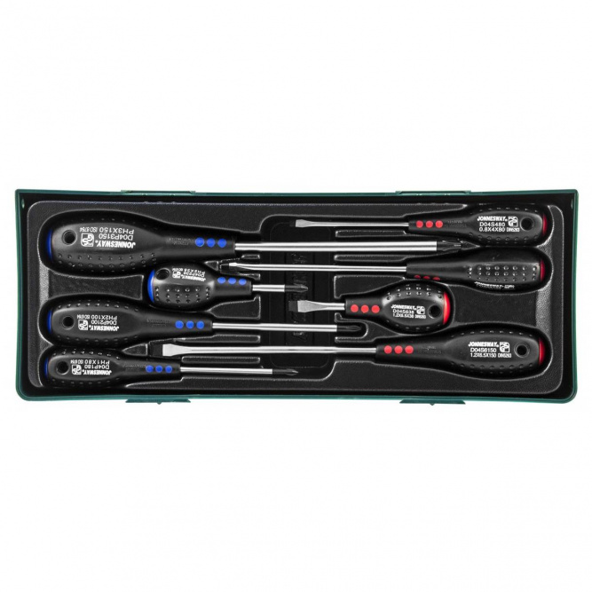 Набор отверток шлиц и крест Full Star SL 6,5х38-6,5х150 PH#1-3, 8 предметов (ложемент) JONNESWAY D04PP08SP